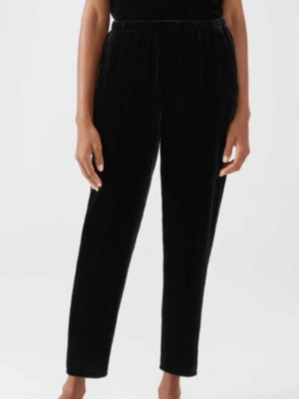 Eileen Fisher Black Crushed Velvet Slim Straight-Leg Elastic-Waist Pull On Pants